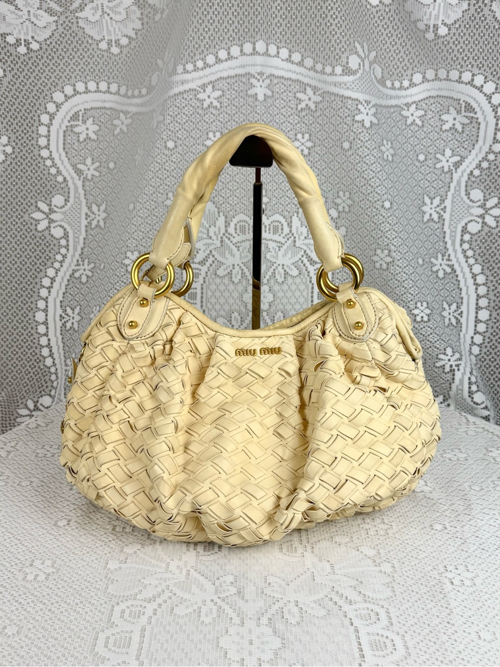 Miu Miu Woven Leather Hobo with Gold Hardware